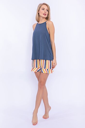 Pierre Cardin Striped Denim Blue Women's Suspender Shorts Set