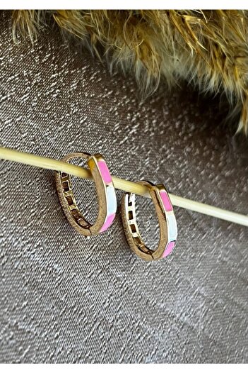 Markiz Takı Pink and White Enamel Oval Earrings 2 Cm