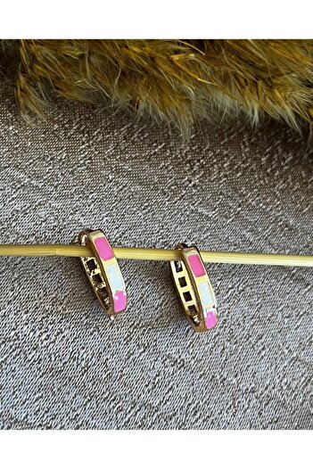 Markiz Takı Pink and White Enamel Oval Earrings 2 Cm