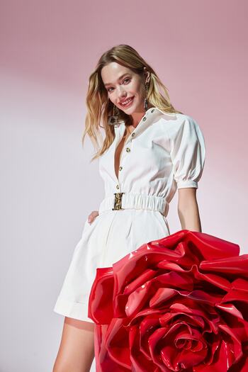 Trendyol Collection White Belted Shirt Collar Gabardine Mini Woven Overalls Twoss21Tu0238