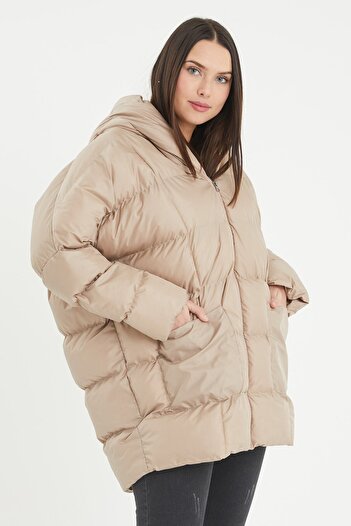 ZUQA STORE Γυναικείο παλτό με κουκούλα Oversize Μπεζ Puffer
