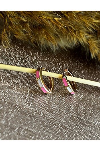Markiz Takı Pink - White Enamel Small Hoop Earrings 1 cm