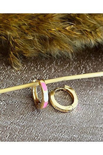 Markiz Takı Pink - White Enamel Small Hoop Earrings 1 cm
