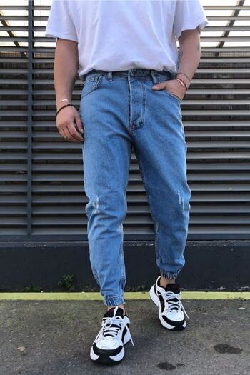 Oliggopol Men's Blue Elastic Leg Boyfriend Jogger Jeans