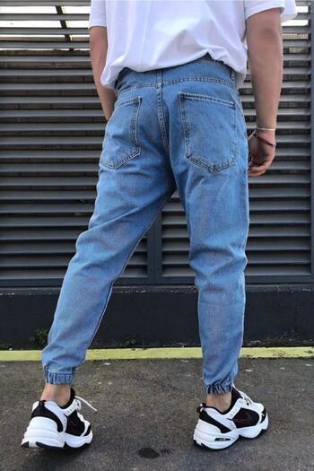Oliggopol Men's Blue Elastic Leg Boyfriend Jogger Jeans