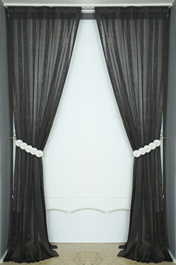 AKÇA TEKSTİL Striped Model Anthracite Color Single Wing Ready-made Planted Pleated Background Curtain 75*260 Cm