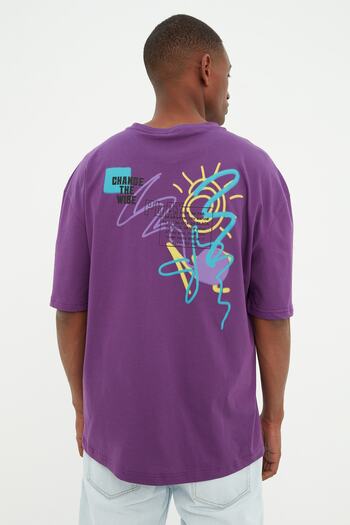 Trendyol Collection Μωβ υπερμεγέθη εμπριμέ βαμβακερό μπλουζάκι - TMNSS21TS3438