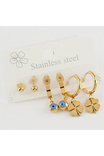 AKSESUARIM Women's 6 Pieces Clover Figured Luxury Steel Earrings