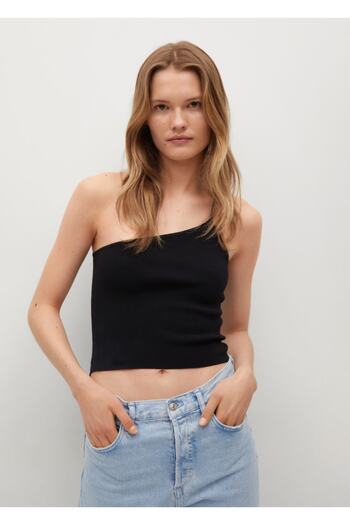 MANGO Woman Women's Black Knotted Asymmetrical Top T-Shirt