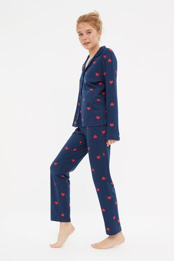 Trendyol Collection Sötétkék 100% pamut szív kötött pizsama szett THMAW21PT0548
