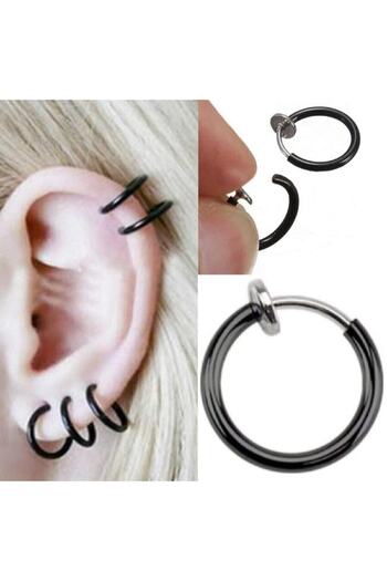 Jaida Moda Unisex Black Surgical Steel Compression Non-Perforated Fake Earrings 2 Pieces