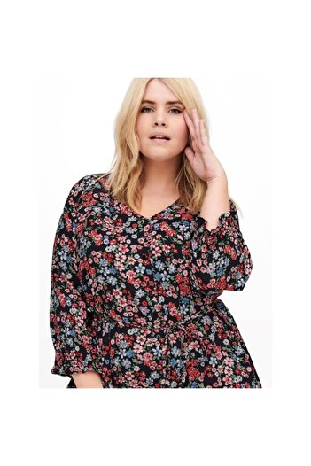 ONLY Carsimoni Life 3/4 Calf Shirt Dress Aop Floral Patterned V-Neck Plus Size Midi Dress