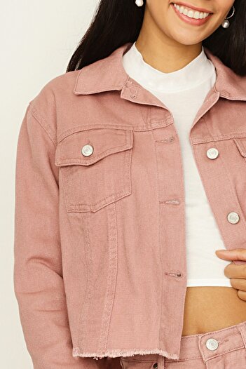 Select Moda Kadın Pembe Düğmeli Püsküllü Crop Denim Ceket