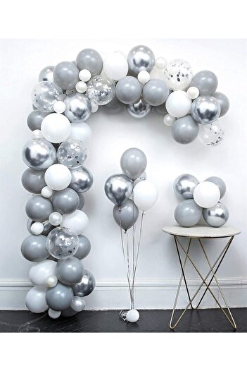 LOTUS PARTY 60 Pieces - Metallic Silver - White - Chrome Gray Balloon Chain