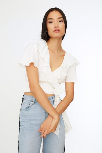 Trendyol Collection Ecru Ruffle and Tie Detailed Woven Blouse TWOSS20BZ0351