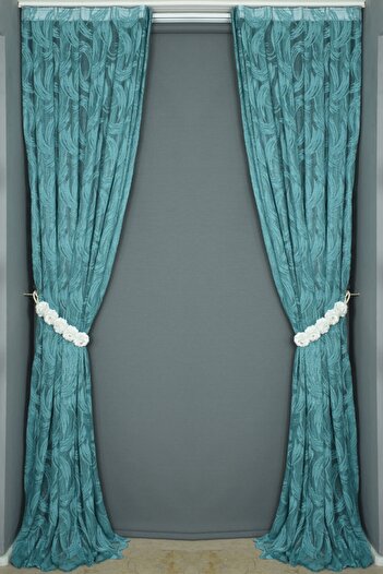 AKÇA TEKSTİL Sword Model Petrol Green Color Single Wing Ready Planted Pleated Background Curtain 75*260 Cm