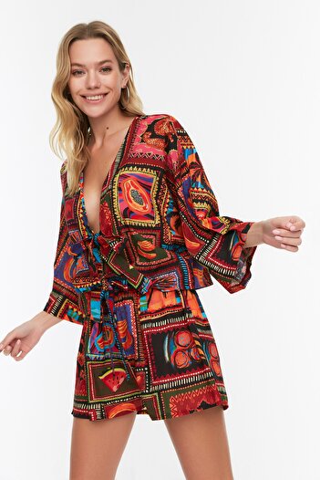 Trendyol Collection Trópusi mintás strandruha 100% pamut szett
