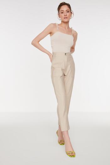 Trendyol Collection Kő cigaretta szőtt műbőr nadrág TWOAW22PL0347