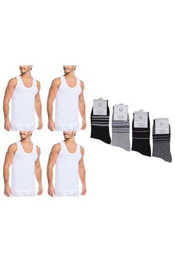 Marjinal Tekstil Deal Pack - 4 Pieces White 100% Cotton Classic Athlete and 4 Pair Socks Set