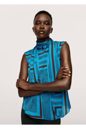 MANGO Woman Women's Blue Patterned Satin Blouse