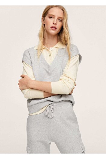 MANGO Woman Women's Medium Gray V-Neck Cotton Sweater