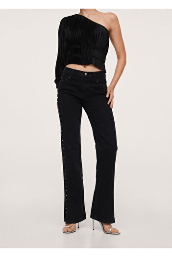 MANGO Woman Women's Black Denim Studded Straight Cut Jeans