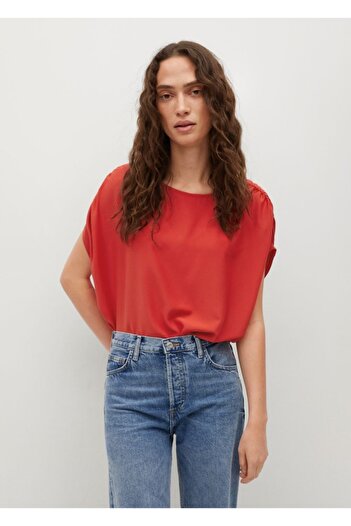 MANGO Woman Women's Red Gathered Shoulders T-Shirt