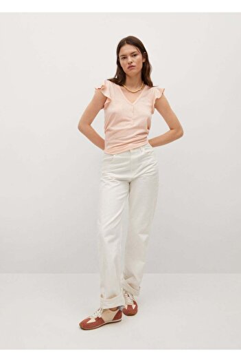 MANGO Woman Women's Skin Color Ruffled Cotton T-Shirt