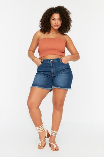 Trendyol Curve Blue High Waist Stretchy Skinny Denim Shorts & Bermuda TBBSS22AP0007
