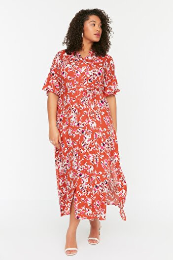 Trendyol Curve Tile Printed Slit Detailed Belted Woven Dress TBBSS22EL1596