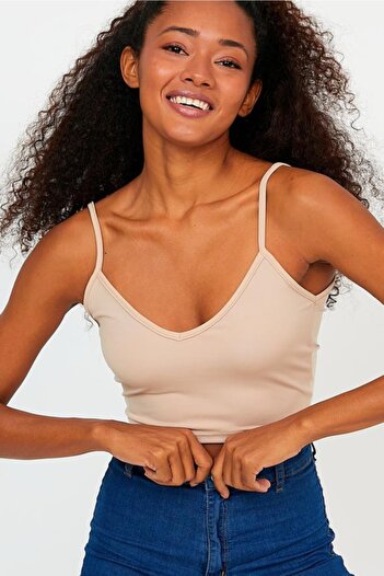 The Base Women's Beige Scuba Fabric Front Back V-Neck Rope Strap Crop Top