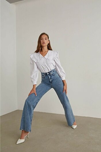 Ramrod 90's Kar Yıkama Mavi Likralı Süper Yüksek Bel Salaş Jeans Palazzo Pantolon