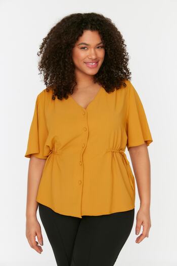 Trendyol Curve Mustard Woven V-Neck Tie-Up Blouse TBBSS22BZ0753