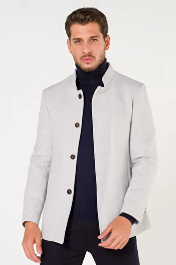 AtakGiyim Men's Gray White Stand Collar Stamp Slope Coat