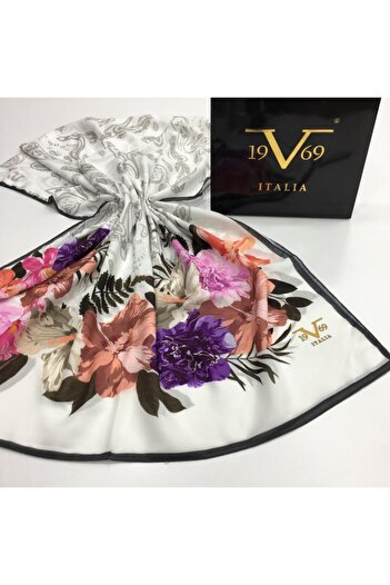 19V69 ITALIA White Gray Shawl Floral Pattern Pavia Series with Scarf Hanger and Gift Set 90x200 Cm