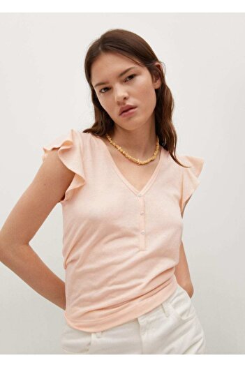 MANGO Woman Women's Skin Color Ruffled Cotton T-Shirt