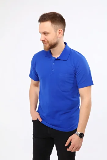 Çamdalı İş Elbiseleri Men's Polo Neck T-shirt Saks Blue Short Sleeve Pique Knitted Work T-shirt