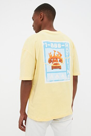 Trendyol Collection Yellow Men's Wide Cut Crew Neck Short Sleeve Printed T-Shirt