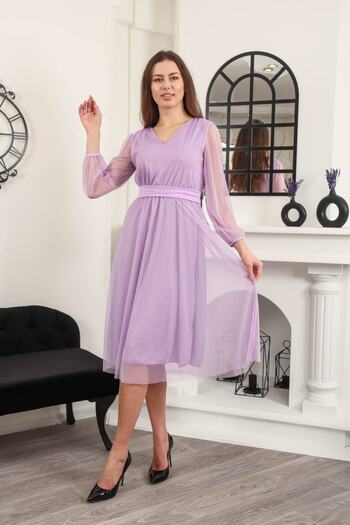 MACFLY Women's Belted Midi Length V-Neck Tulle Dress
