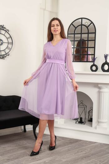 MACFLY Women's Belted Midi Length V-Neck Tulle Dress