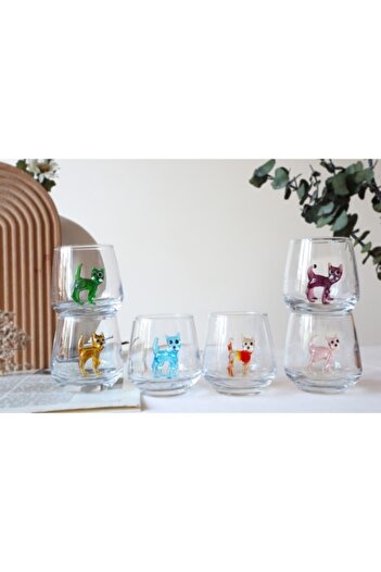 ADAMODART 6-Piece Chubby Coffee Side Water Glass with Cat Glass Figures
