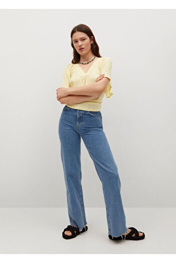 MANGO Woman Women's Yellow V-Neck Loose T-Shirt