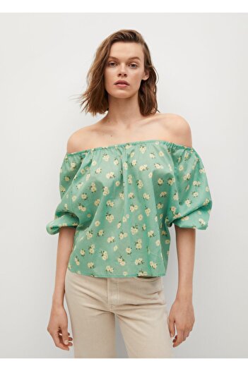 MANGO Woman Γυναικεία βαμβακερή μπλούζα με πράσινο σχέδιο