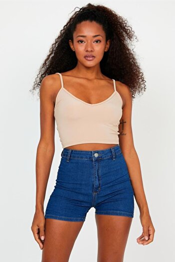 The Base Women's Beige Scuba Fabric Front Back V-Neck Rope Strap Crop Top