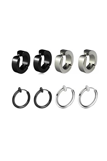 Jaida Moda Unisex Black And Silver Color 4 Pairs Set Non-perforated Hoop Steel Earrings