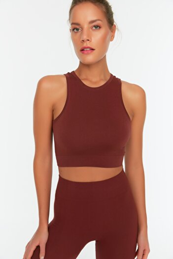 Trendyol Collection Lekki i brązowy dzianinowy biustonosz sportowy z wstążką - bezszwowy Twoss21Ss0024