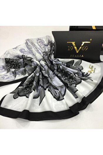 19V69 ITALIA White Black Shawl Floral Series Pavia Series with Scarf Hanger and Gift Set 90x200 Cm
