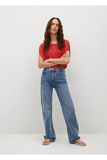 MANGO Woman Women's Red Gathered Shoulders T-Shirt