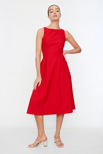 Trendyol Collection Red Waist Opening Pleated Lined Midi Woven Dress Twoss20El0980