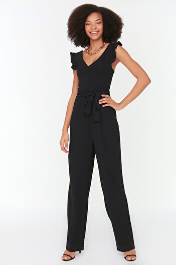Trendyol Collection Black Belted Ruffle Detailed Pipe Leg Woven Jumpsuit TWOSS21TU0079